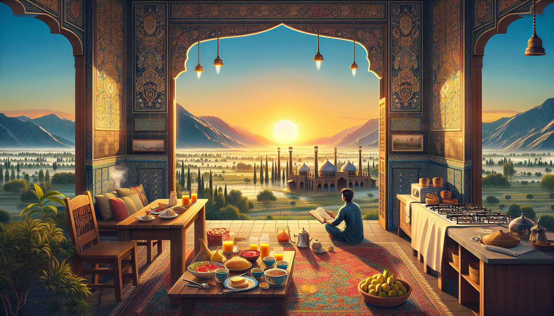 A serene Pakistani sunrise illuminating a traditional kitchen with breakfast preparations and yoga on a veranda.