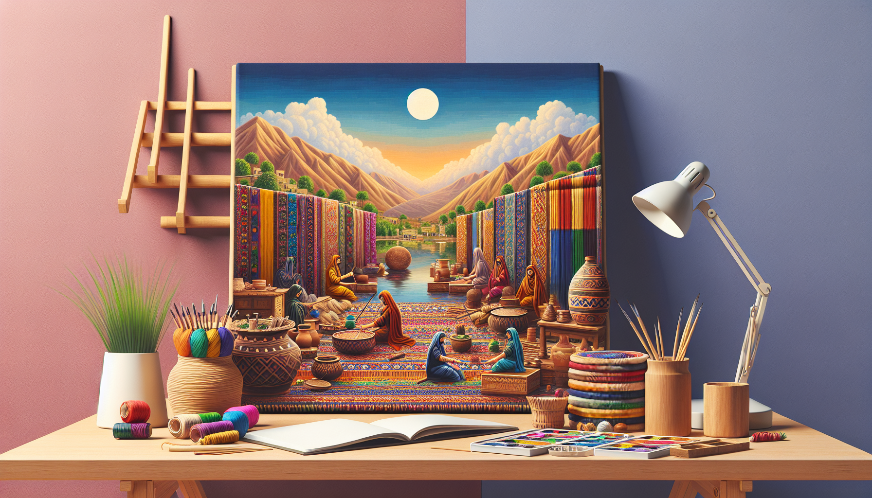 Colorful DIY crafts showcasing Pakistani heritage through textile weaving, pottery, and woodwork.