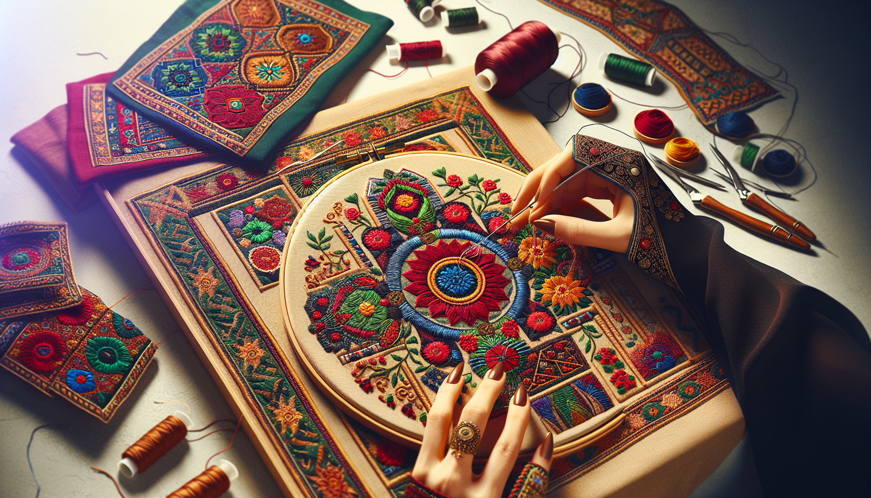 A skilled artisan embroidering vibrant Pakistani patterns on colorful fabric with a needle.