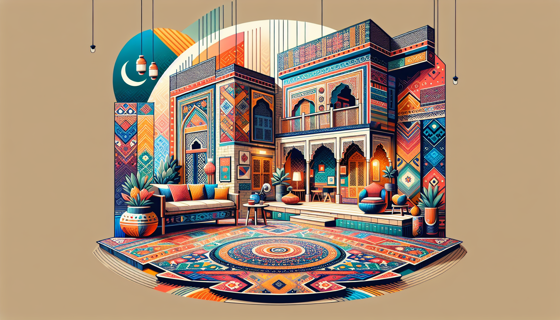A vibrant home showcasing Pakistani cultural elements and intricate geometric patterns.
