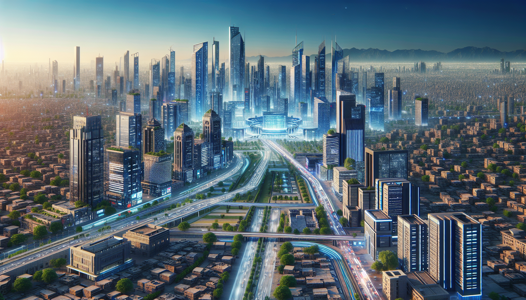 A futuristic urban skyline of Pakistan in 2025, showcasing diverse architecture and green spaces.